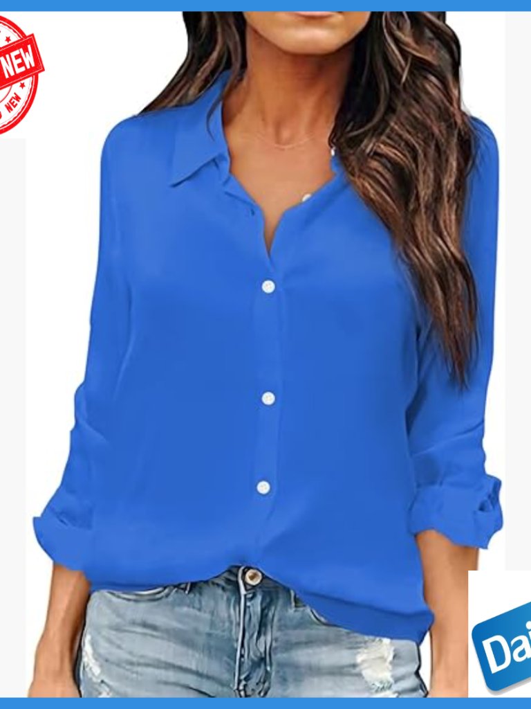 Long Sleeve Chiffon Button Down Shirt V Neck Office Casual Blouse